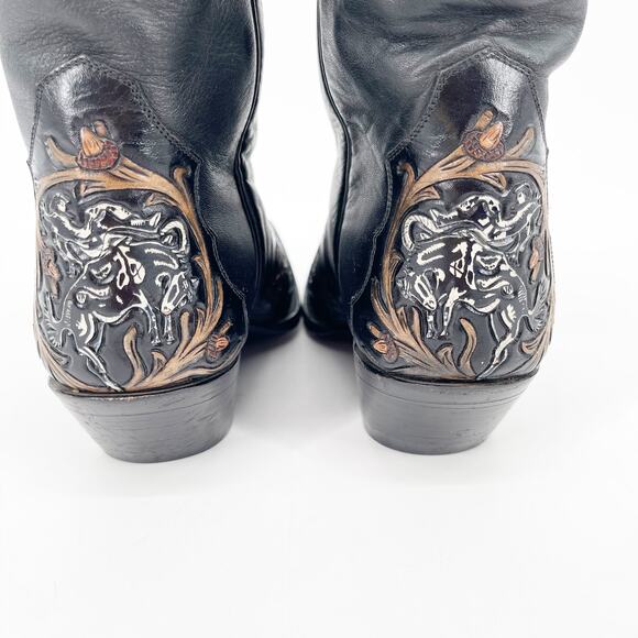 Liberty Boot Co. Vintage Women’s 7 Black Bucking Bronco Tooled Snip Toe Boots - Picture 10 of 14